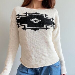 Ralph Lauren Cream Knit Sweater with Black Geometric Design